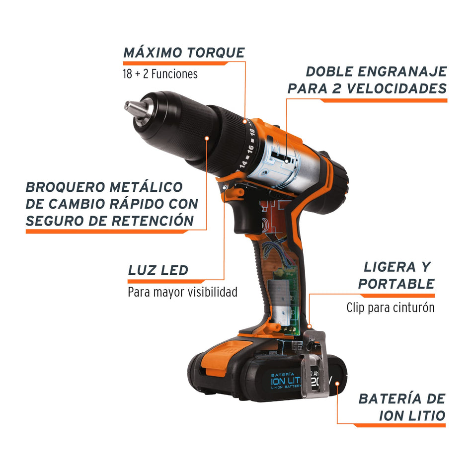 Rotomartillo inal. 1/2', 20V, 1 bat. 2Ah, 1 carg. TRUPER PRO, 18155