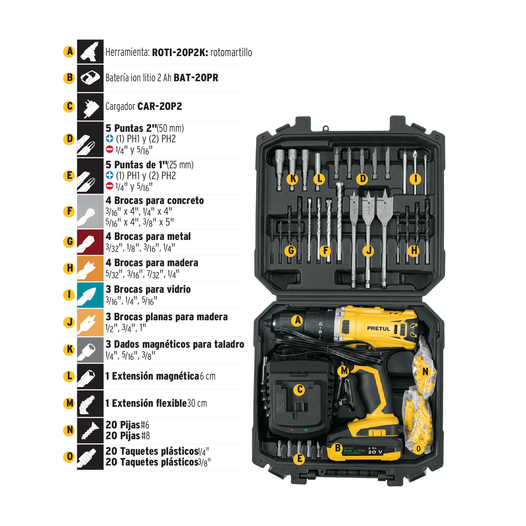 Kit rotomartillo inalámbrico 1/2' 20V y 32 accesorios PRETUL, 29000