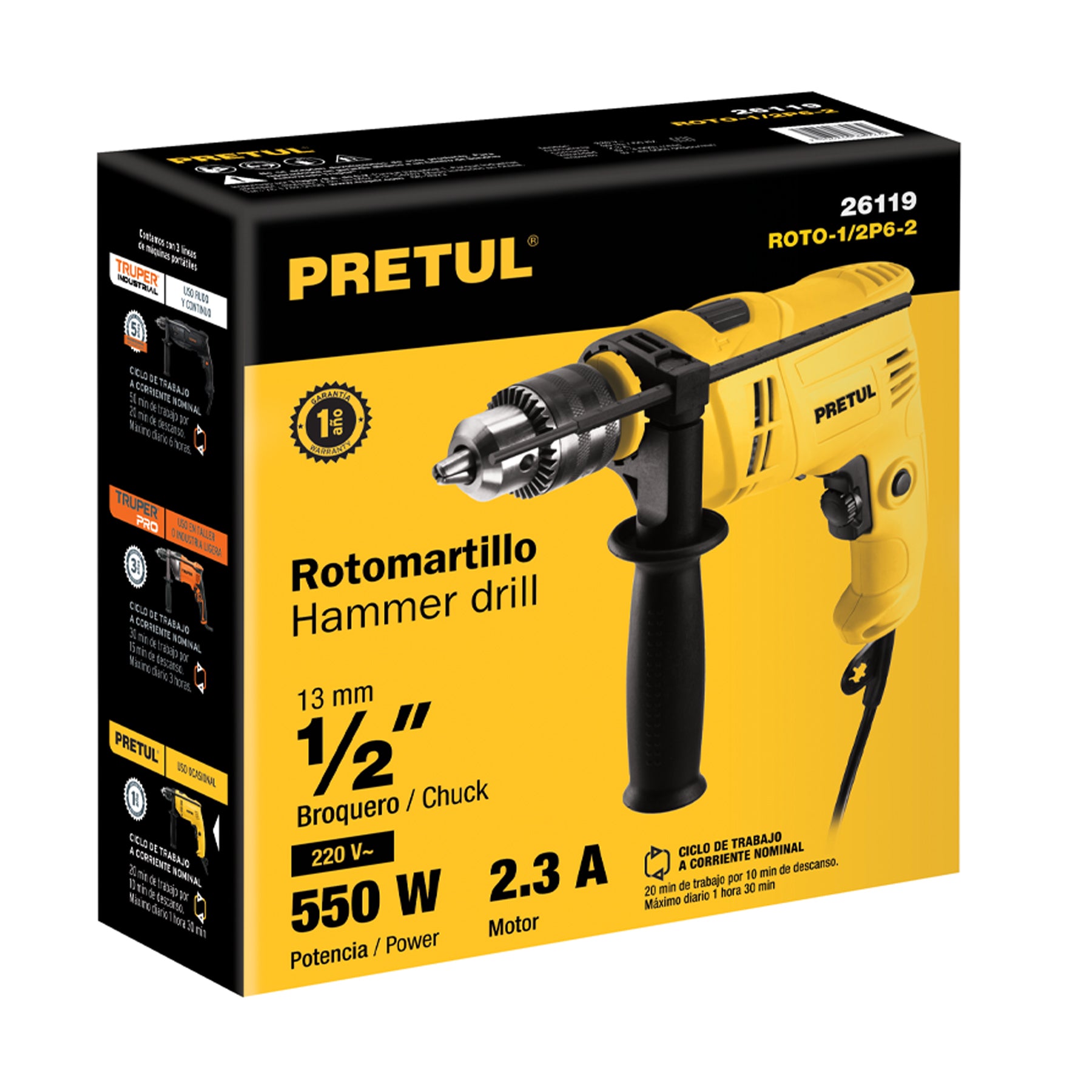 Rotomartillo 1/2', 550W, PRETUL, 28112