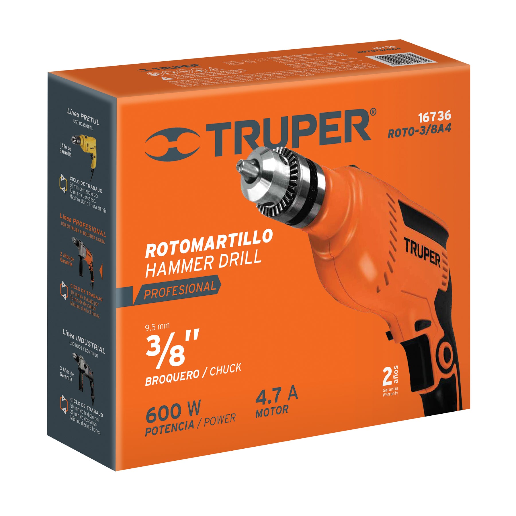 Rotomartillo 3/8', 600W, TRUPER PRO, 16736