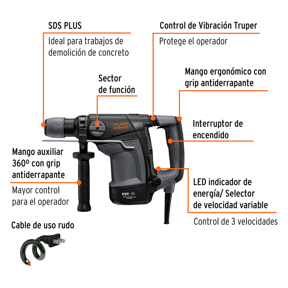 Rotomartillo SDS Plus 4 Joules, 1000W, TRUPER EXPERT, 101220