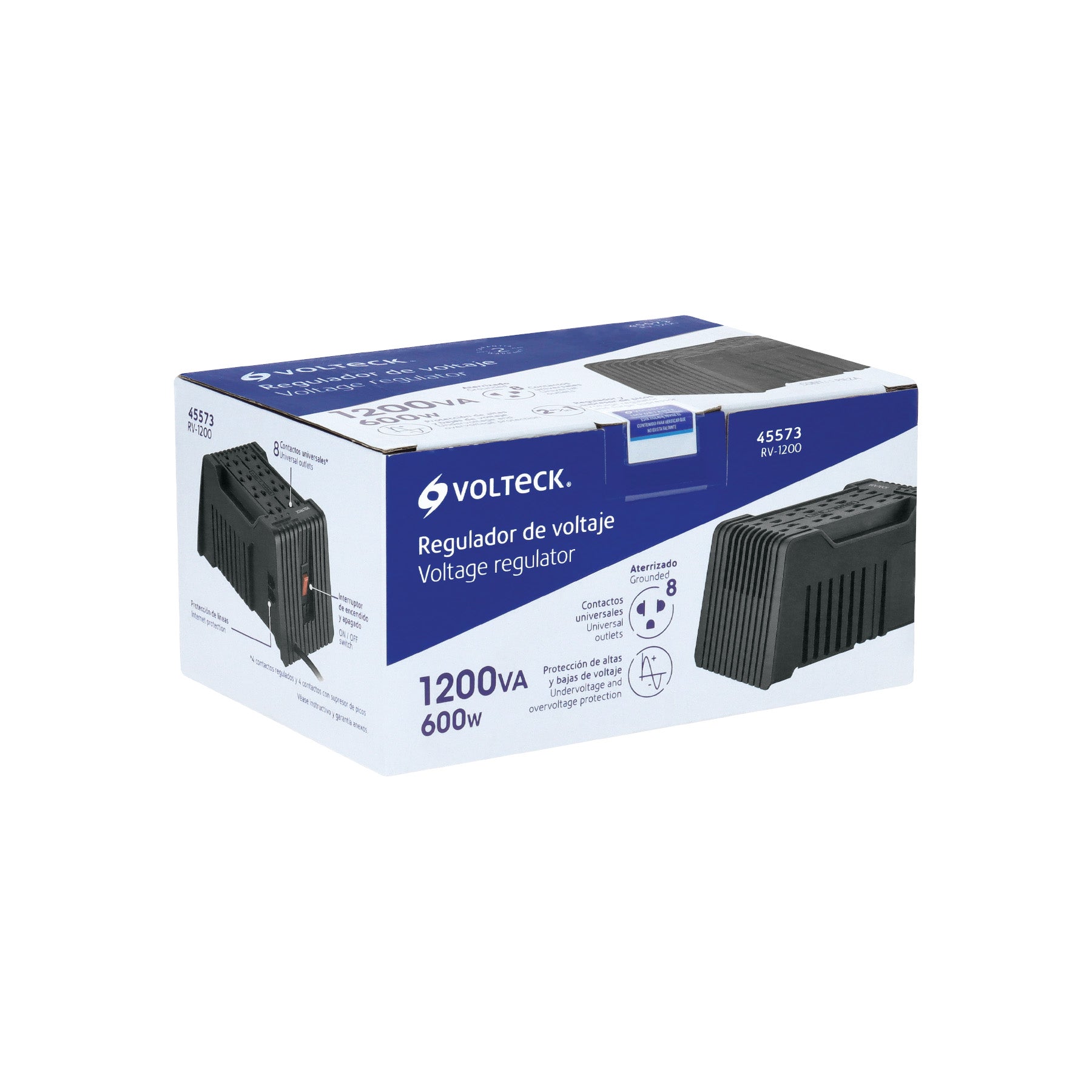 Regulador de voltaje de 1200 VA / 600 W 8 contactos, Volteck, 45573