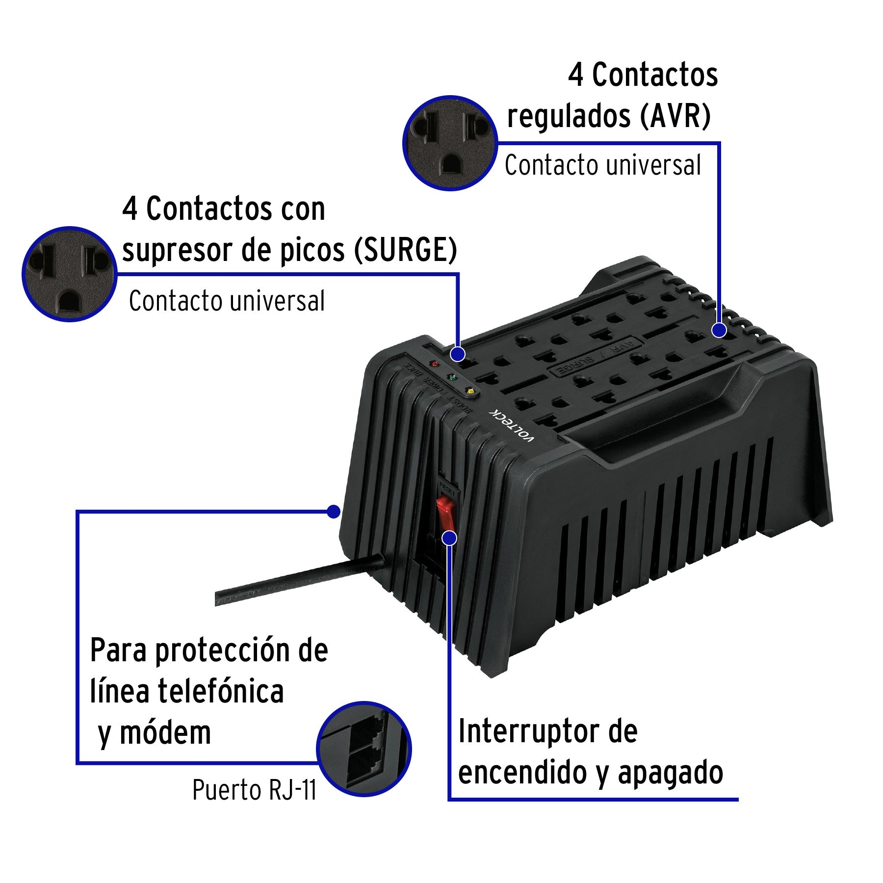 Regulador de voltaje de 1200 VA / 600 W 8 contactos, Volteck, 45573