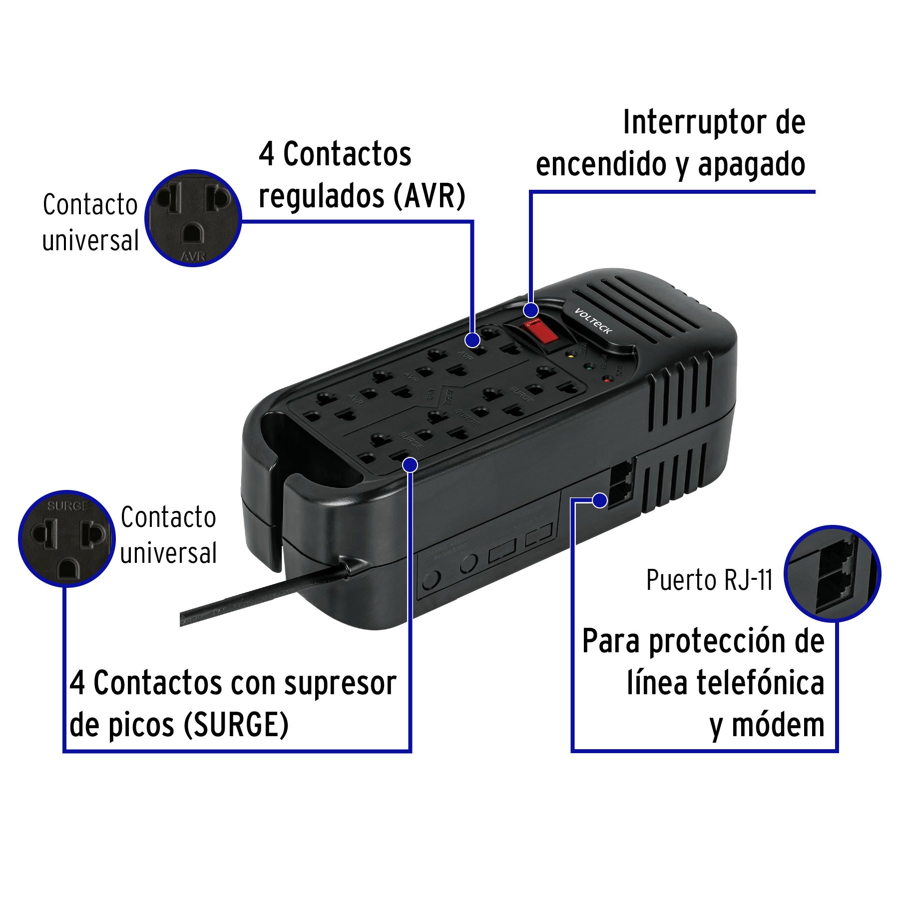 Regulador de voltaje de 1600 VA / 800 W 8 contactos, Volteck, 45574