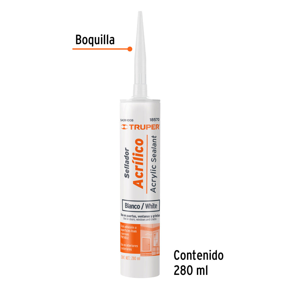 Sellador acrilico de 280 ml, blanco, Truper Caja con 6, 18570