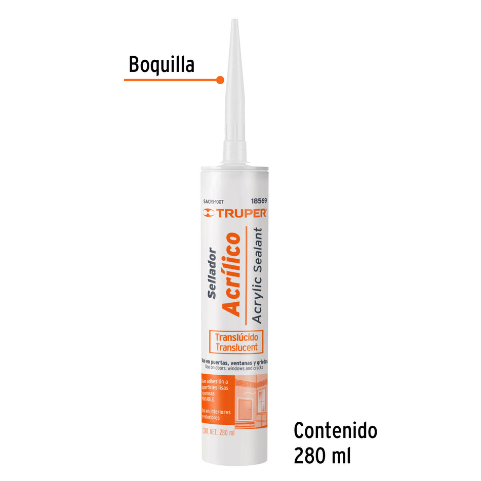 Sellador acrilico de 280 ml, transparente, Truper Caja con 6, 18569
