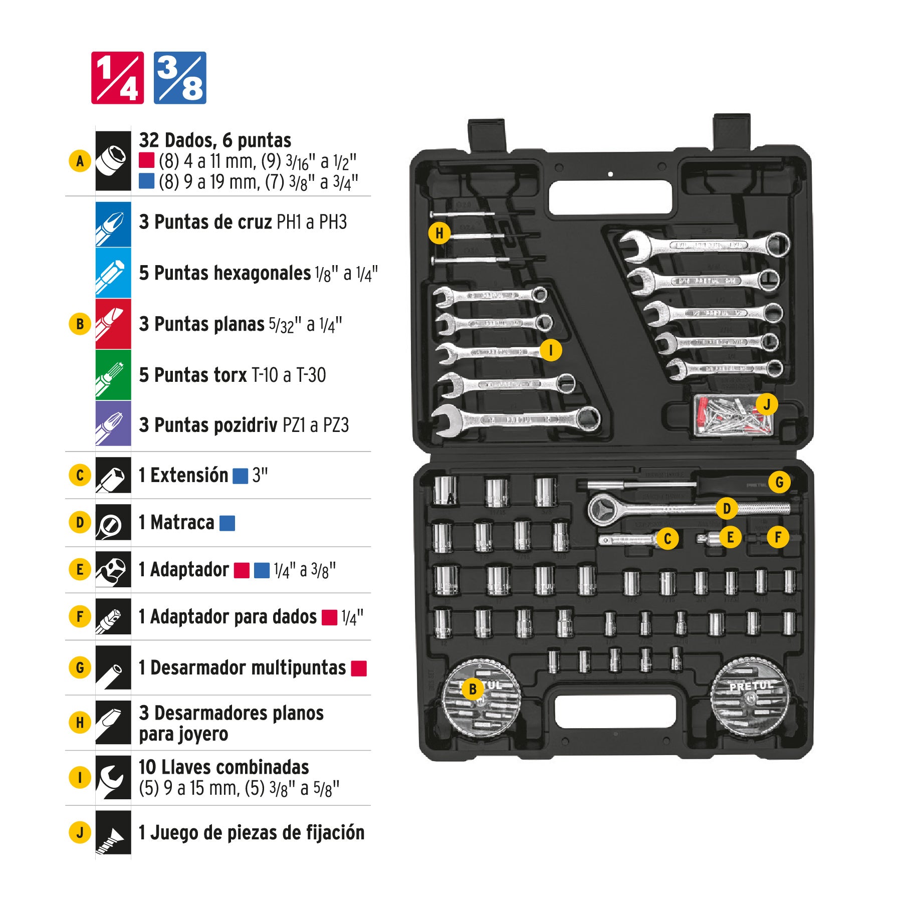 Juego de 71 herramientas 1/4' y 3/8' para mecánico, Pretul, 22980