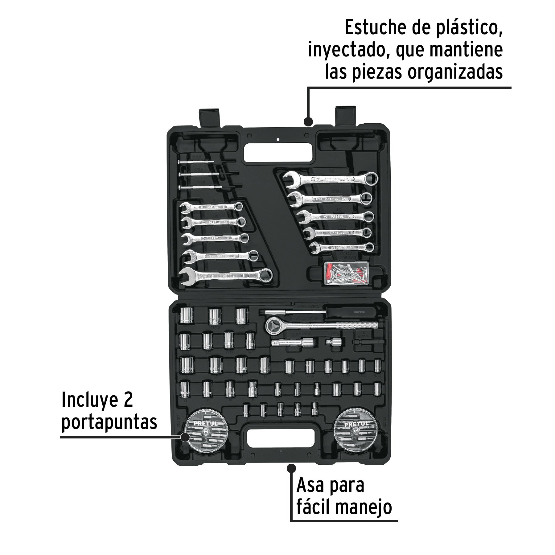 Juego de 71 herramientas 1/4' y 3/8' para mecánico, Pretul, 22980