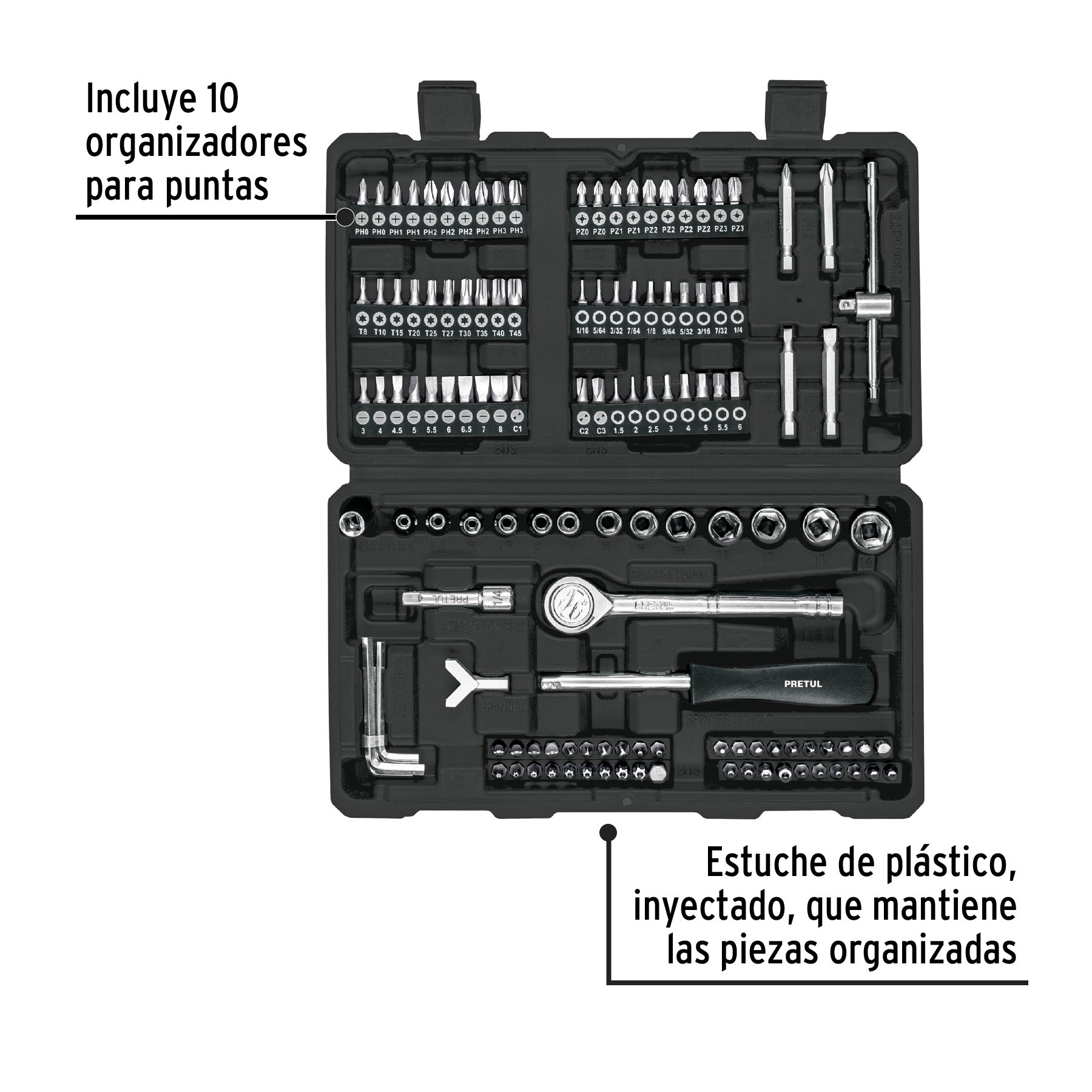 Juego de 130 herramientas 1/4' para mecánico, Pretul, 26091