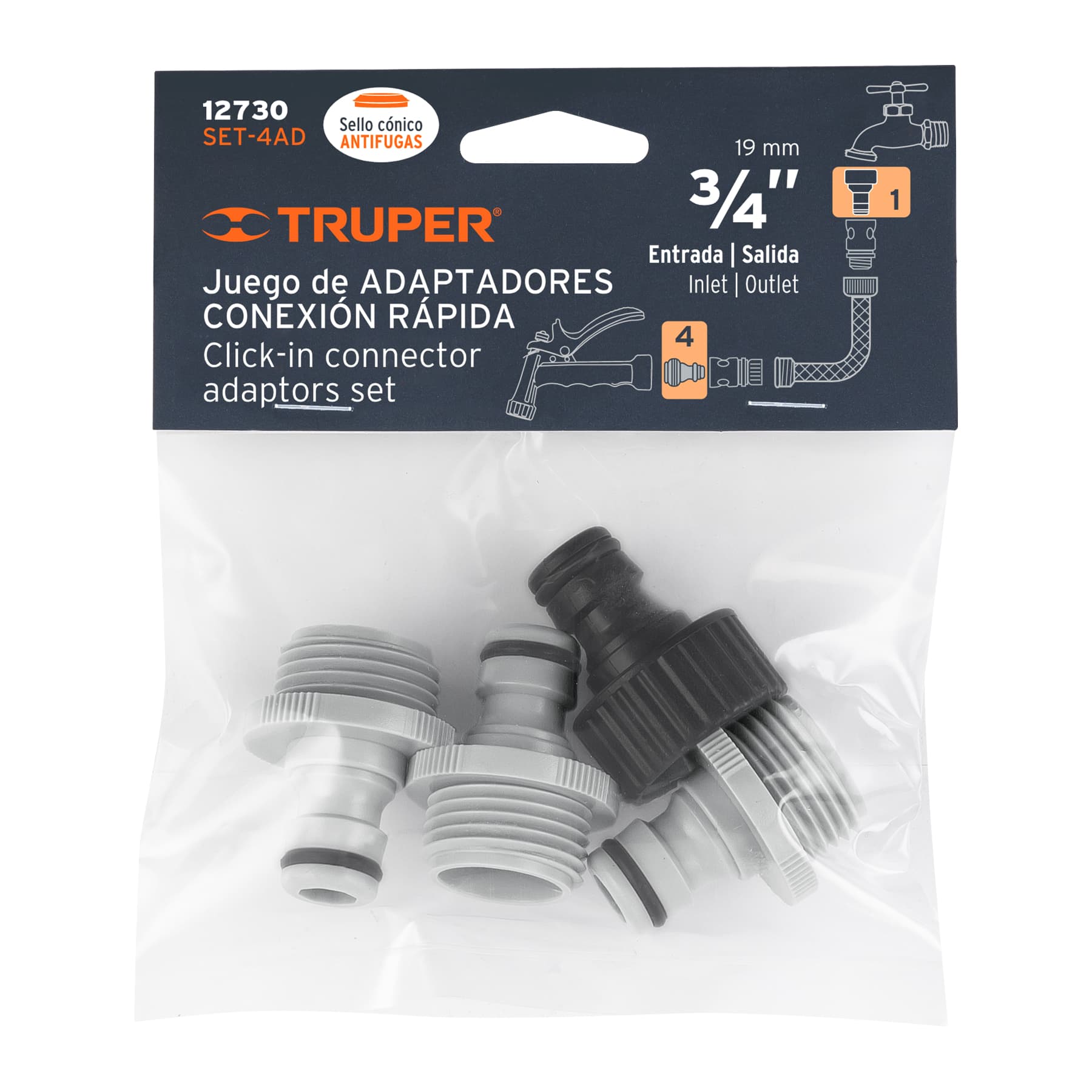 Set de 4 adaptadores para conectores click, Truper, 12730