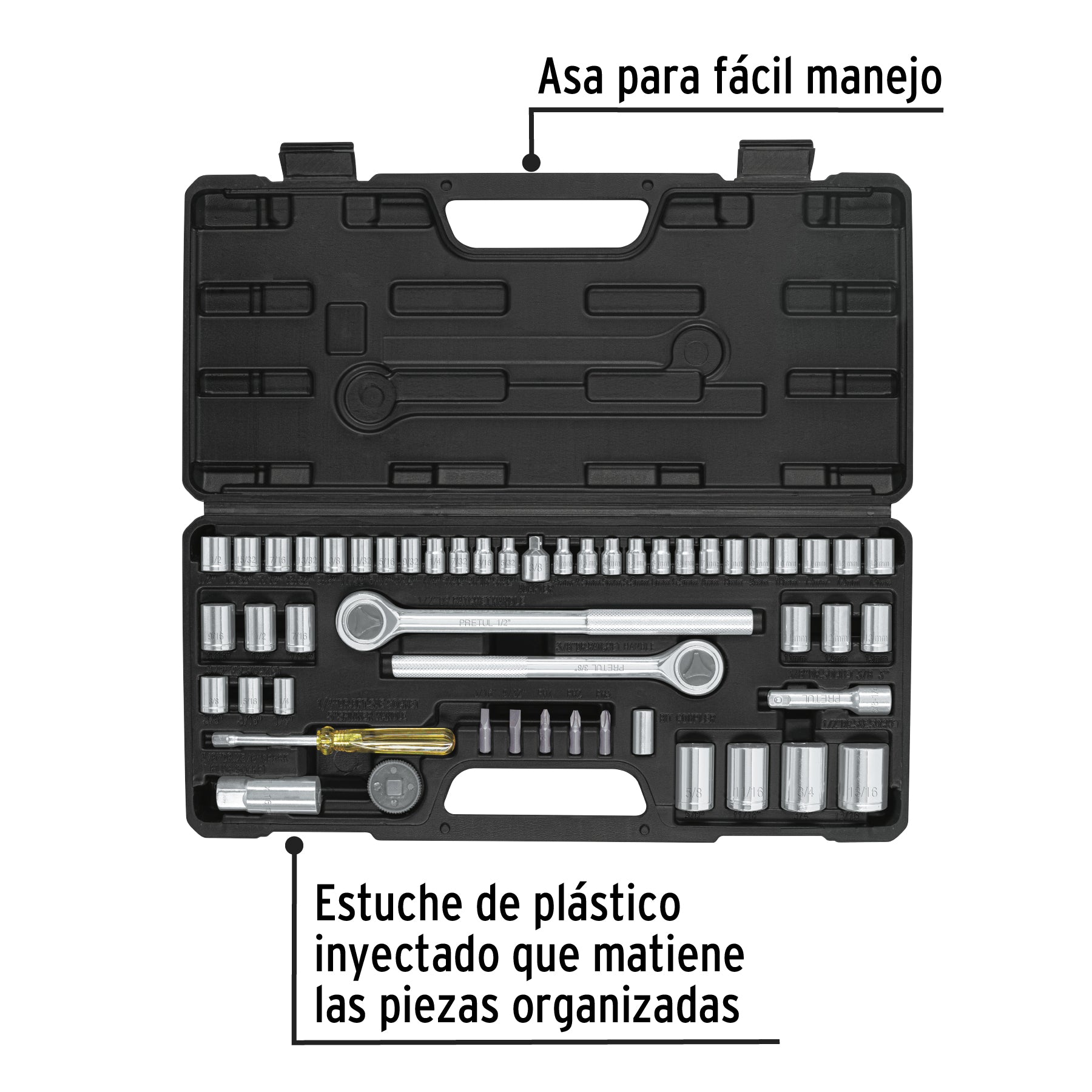 Juego 51 herramientas 1/4', 3/8' y 1/2' p/mecánico, Pretul, 24219