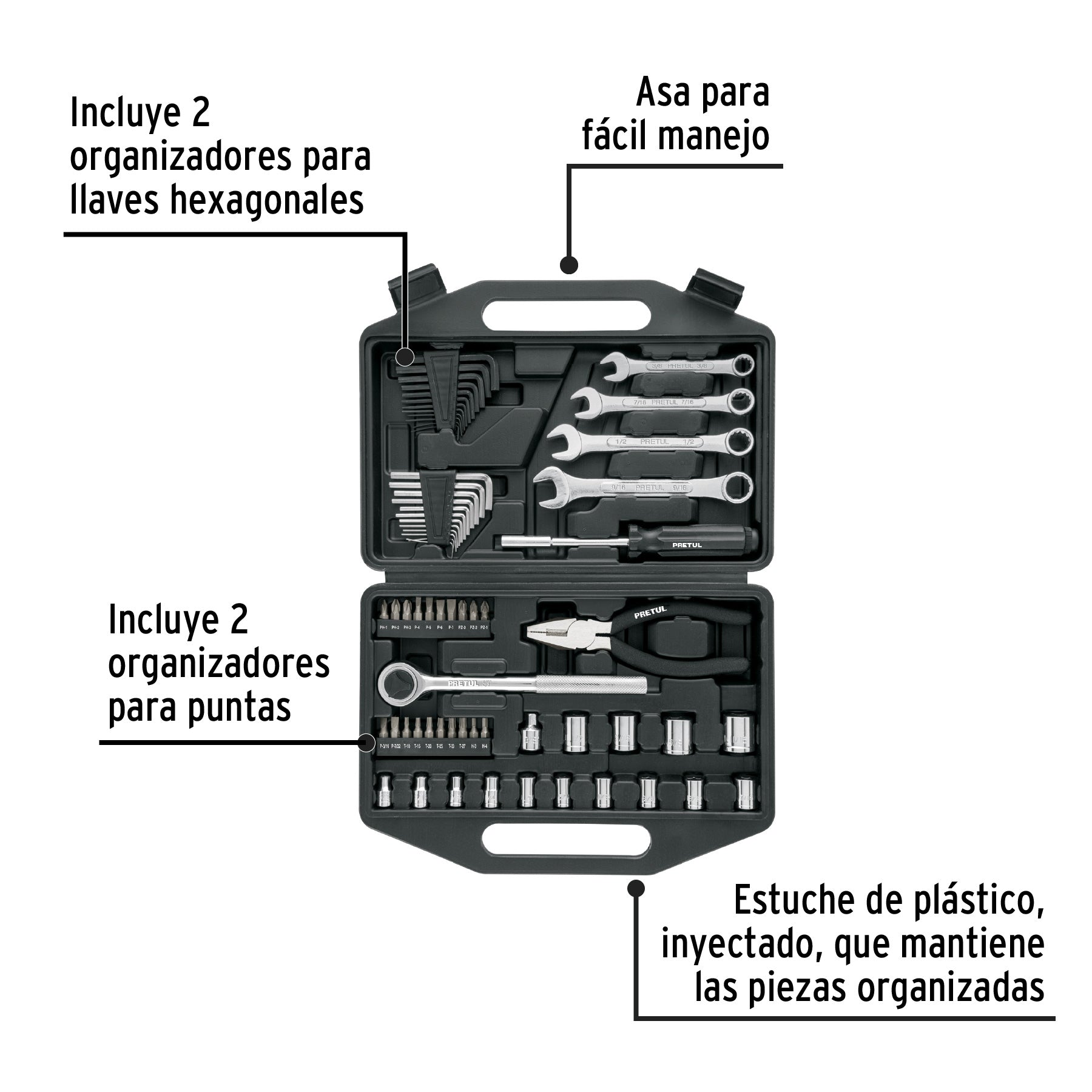 Juego de 66 herramientas 1/4' y 3/8' para mecánico, Pretul, 22985