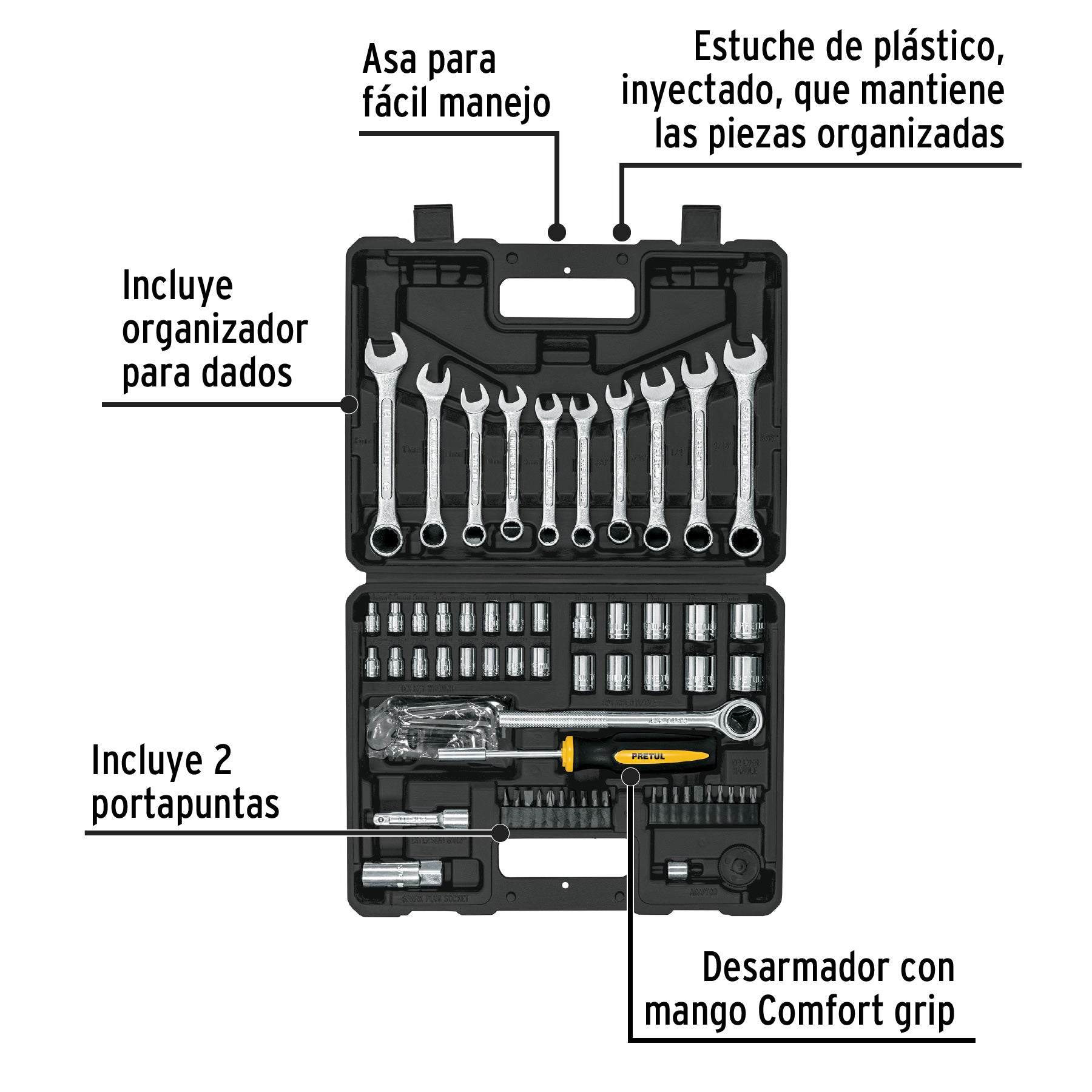 Juego de 70 herramientas 1/4' y 3/8' para mecánico, Pretul, 22981