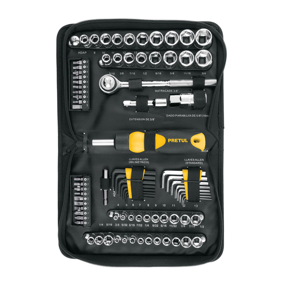 Juego de 83 herramientas 1/4' y 3/8' para mecánico, Pretul Caja con 3, 22984