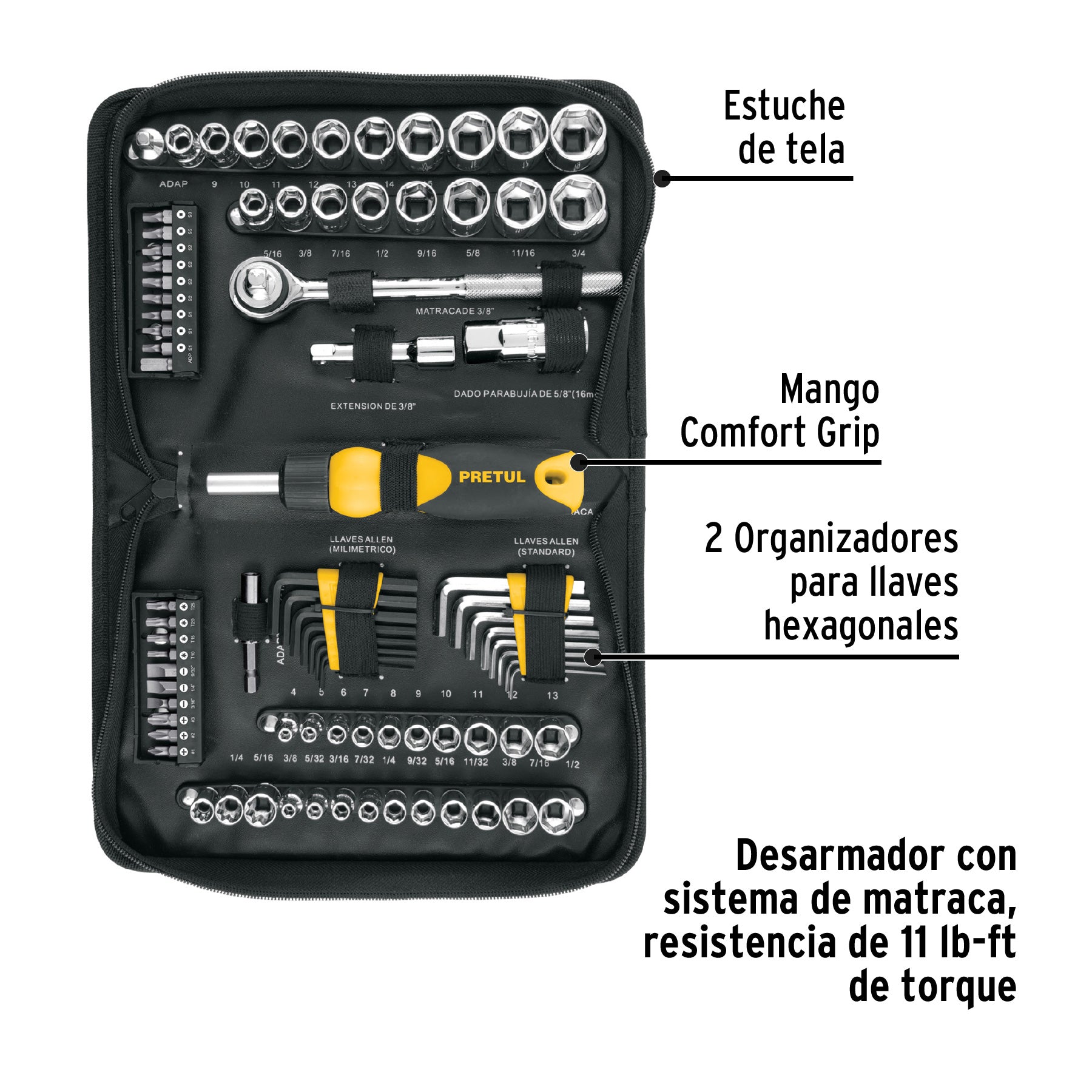 Juego de 83 herramientas 1/4' y 3/8' para mecánico, Pretul, 22984