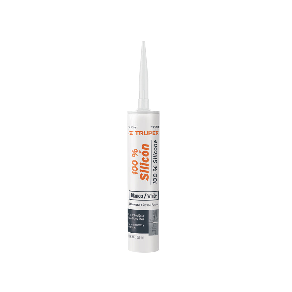 Sellador blanco 100% silicón de 280 ml, Truper Caja con 6, 17560