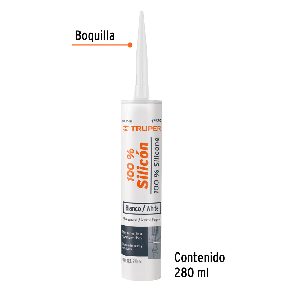 Sellador blanco 100% silicón de 280 ml, Truper Caja con 6, 17560