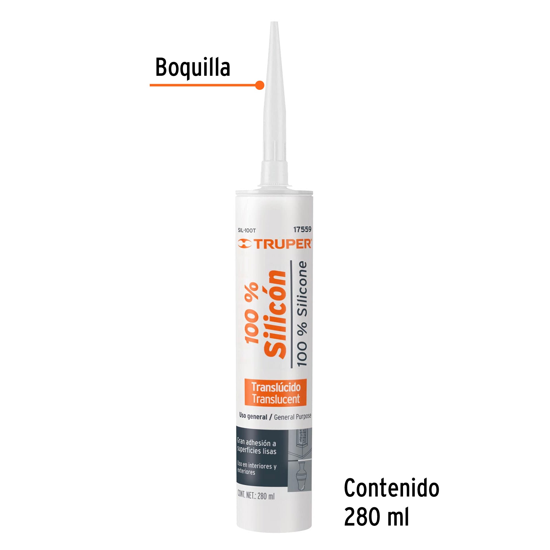 Sellador transparente 100% silicón de 280 ml, Truper, 17559