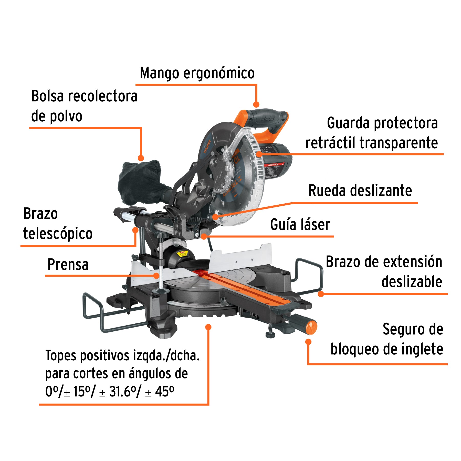 Sierra de inglete 10', 1900W telescópica compuesta, TRUPER, 16869