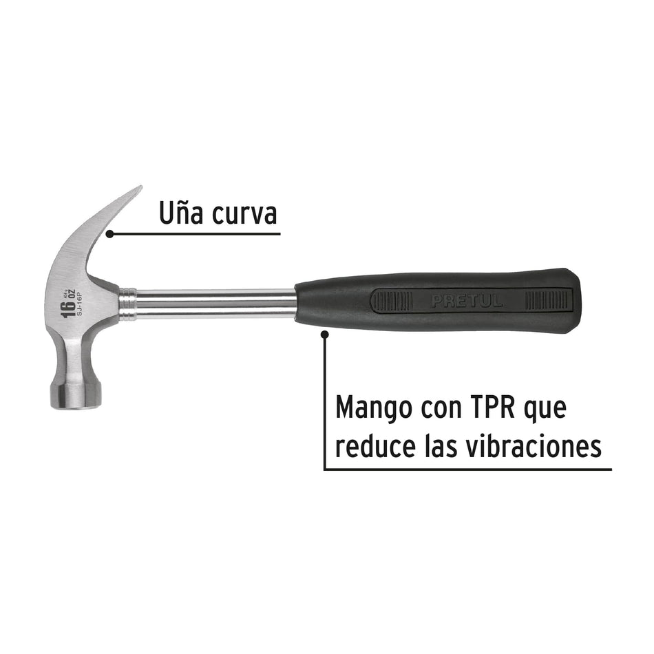 Martillo pulido, 16 oz, uña curva, mango tubular, Pretul Caja con 6, 22270