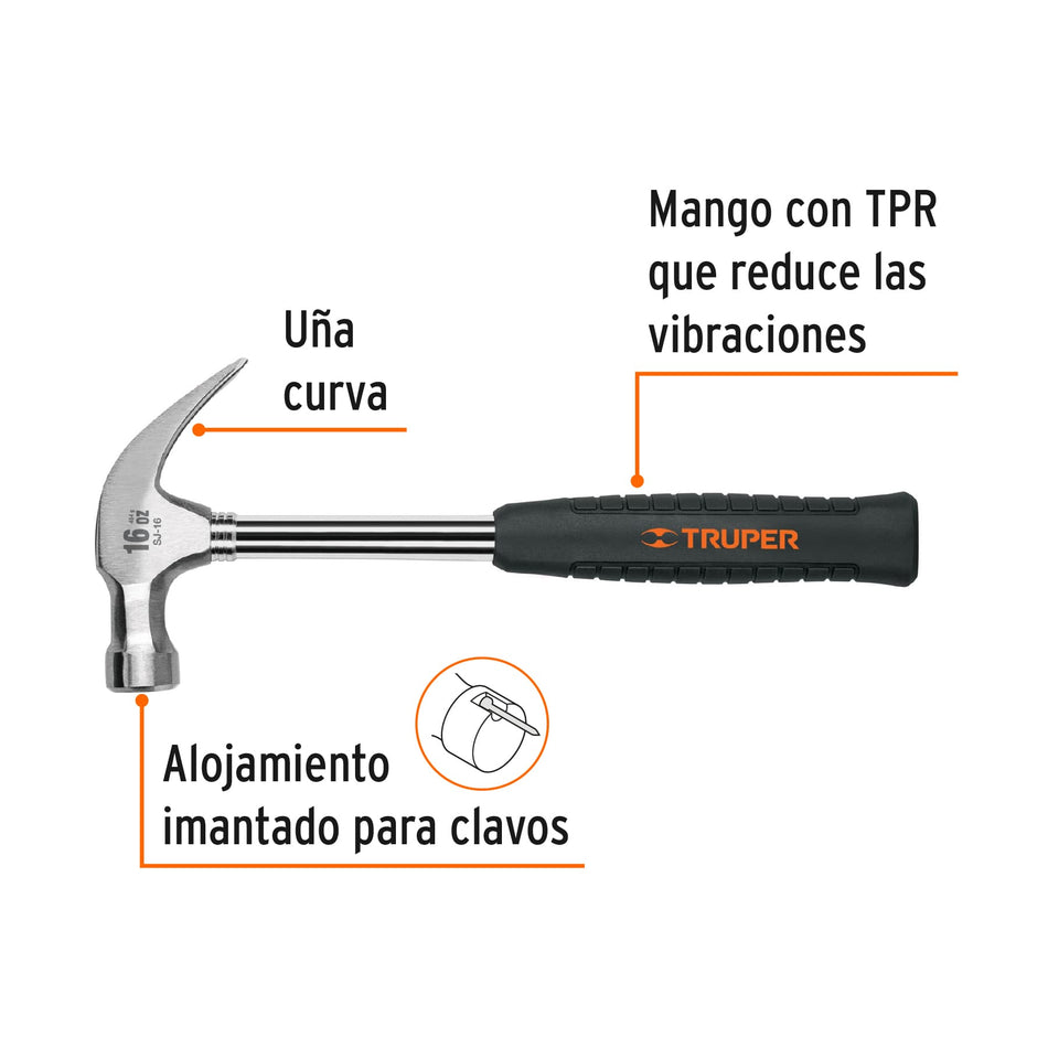 Martillo pulido 16 oz uña curva, mango tubular c/neopreno Caja con 4, 16700