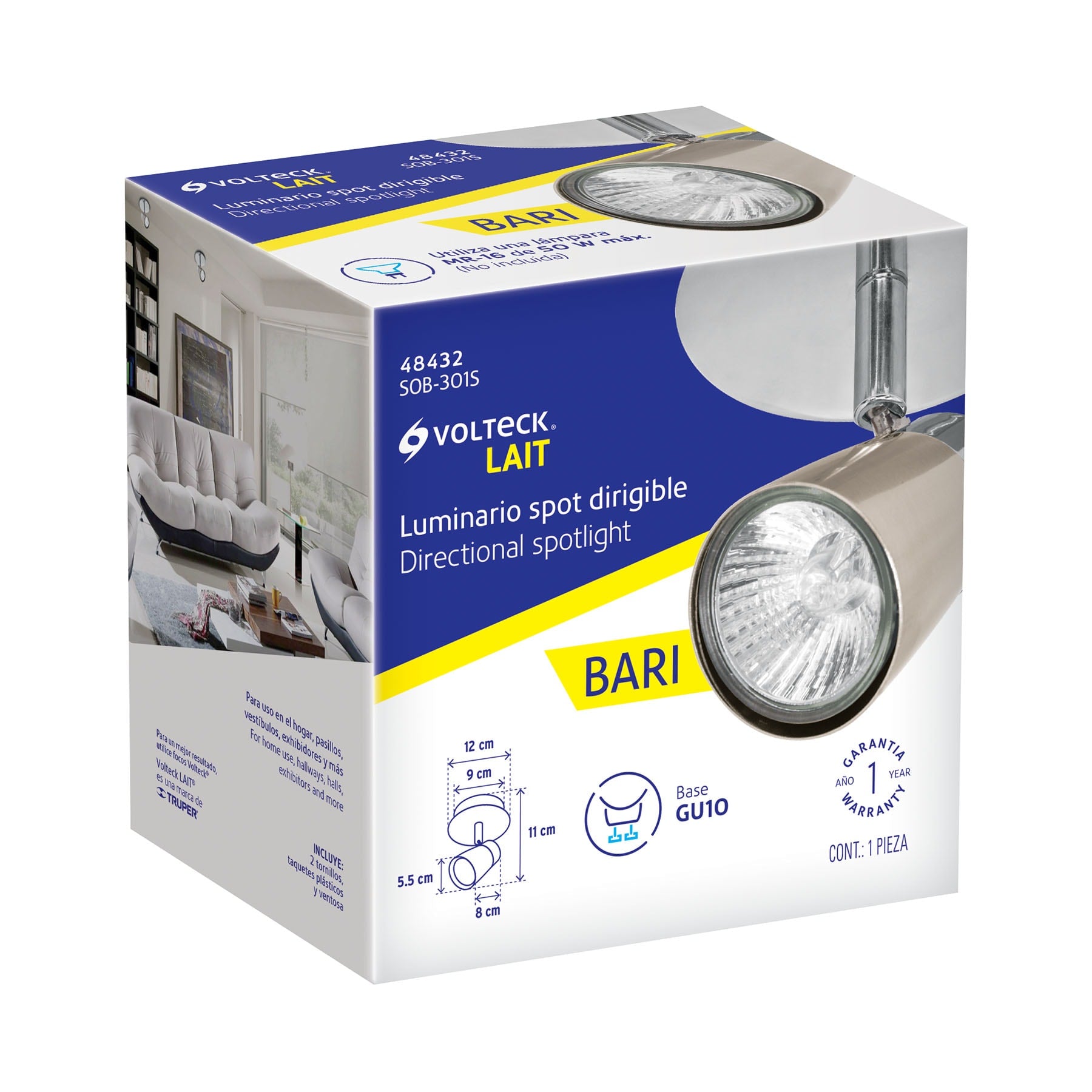 Luminario de sobreponer con 1 spot base GU10, Volteck, 48432