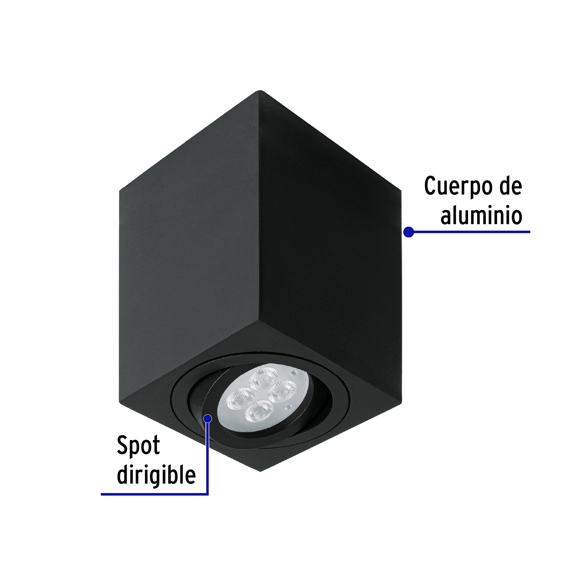 Luminario de sobreponer c/spot dirigible, cuadrado, negro, 49719