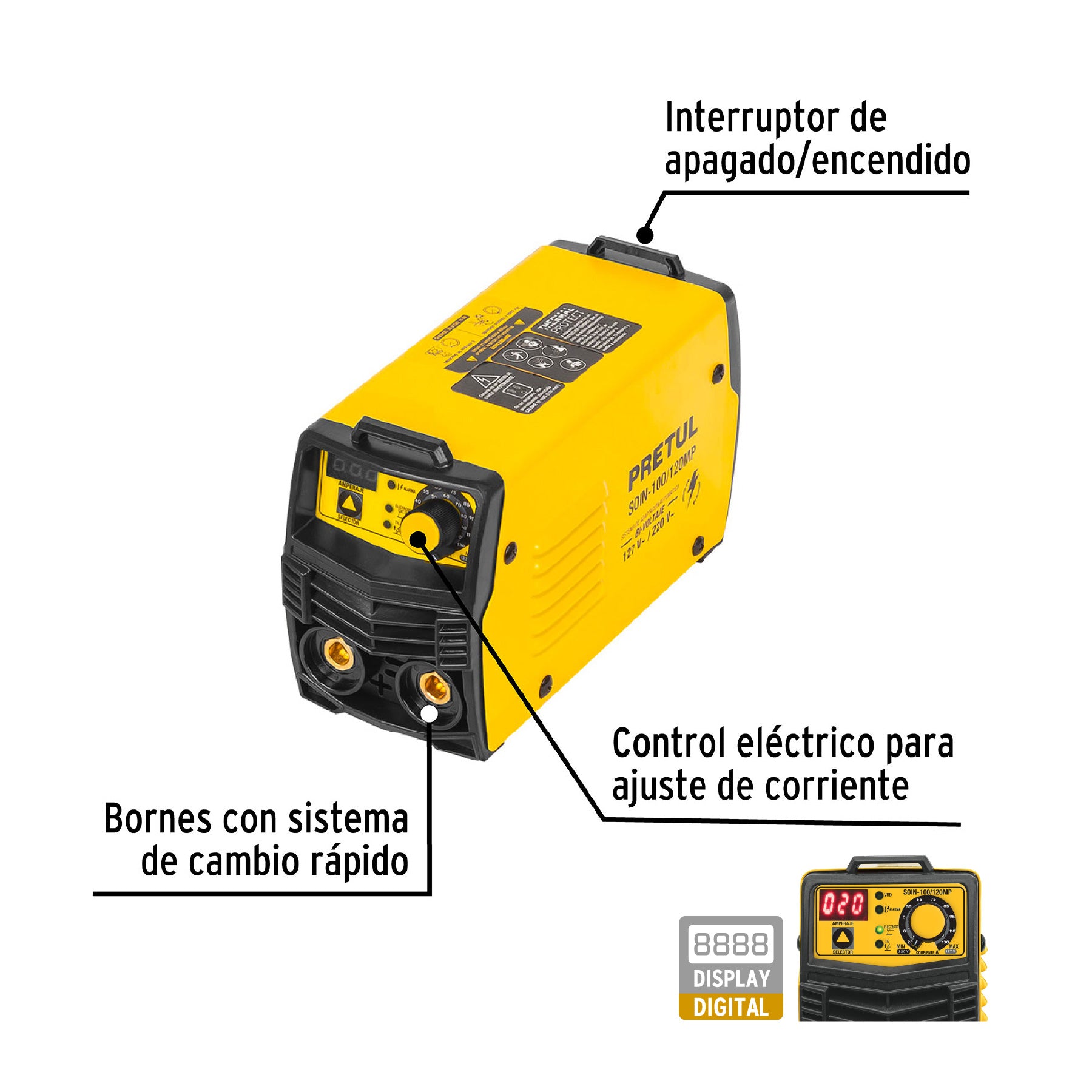 Mini soldadora inversora bi-voltaje 120 A, 127/220V, Pretul, 28156