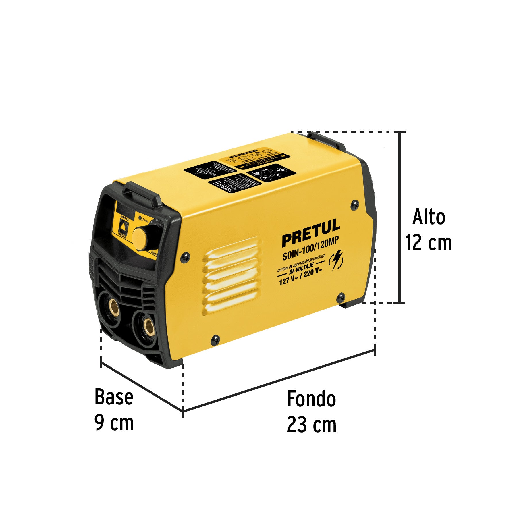 Mini soldadora inversora bi-voltaje 120 A, 127/220V, Pretul, 28156