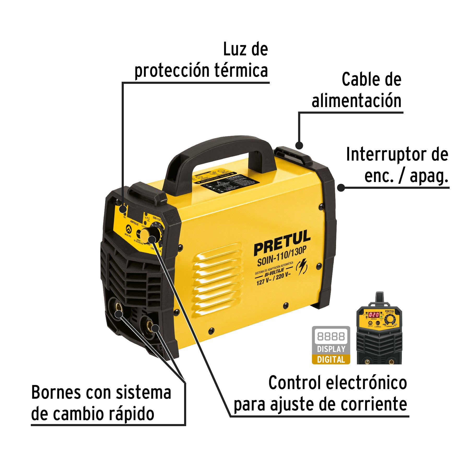 Soldadora inversora, 130A, Bi-voltaje 127/220V, Pretul, 29959