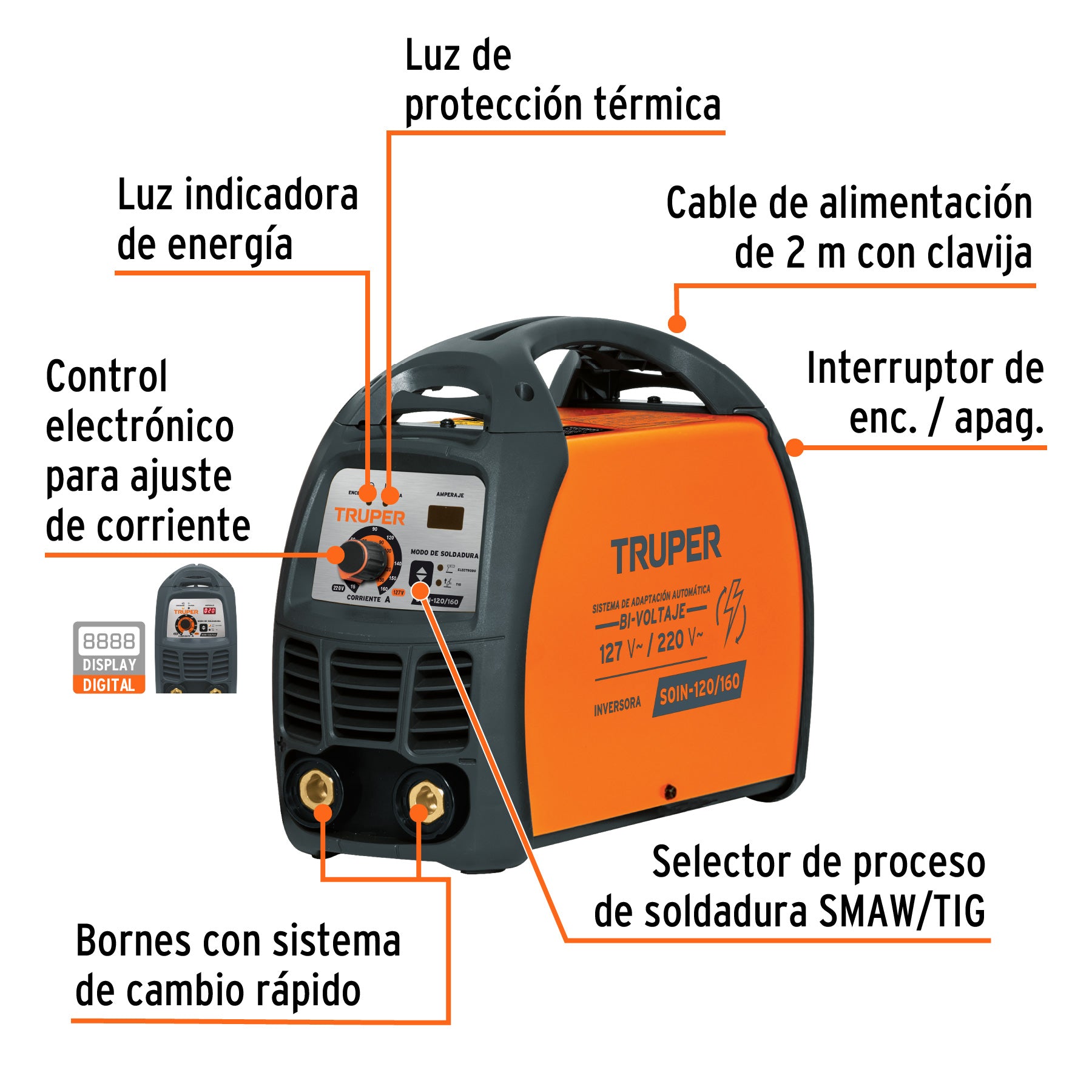 Soldadora inversora bi-voltaje 160 A, 127 V/220 V, Truper, 13695