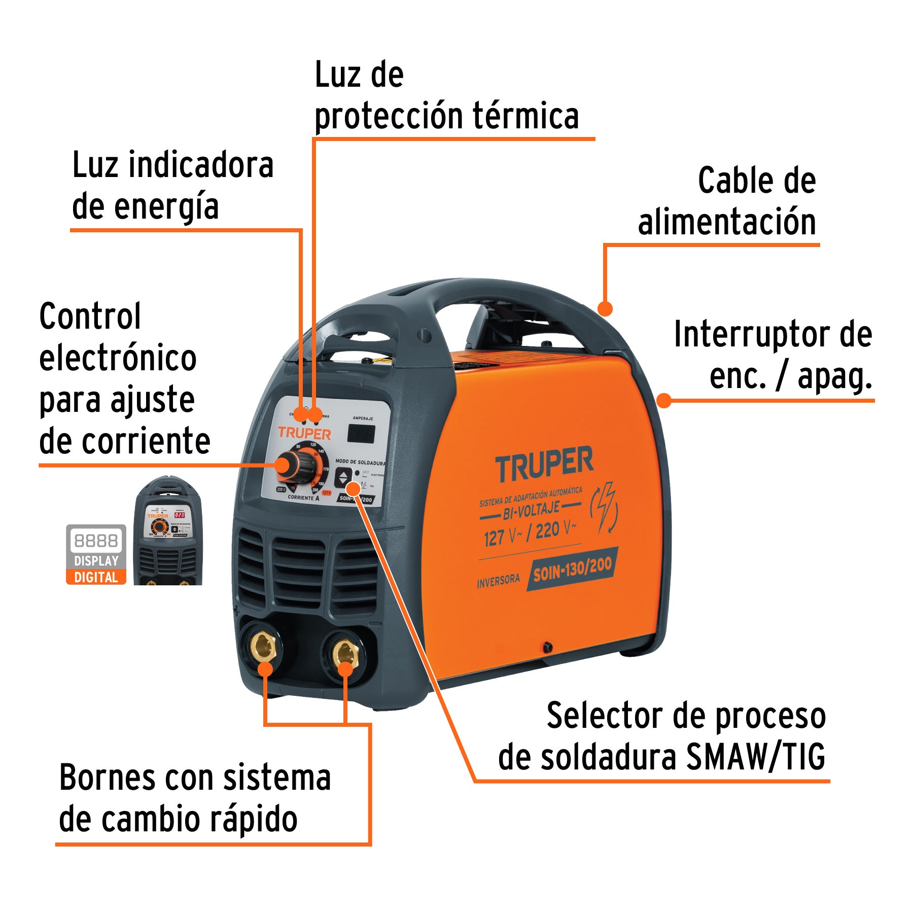 Soldadora inversora bi-voltaje 200 A, 127 V/220 V, Truper, 16053