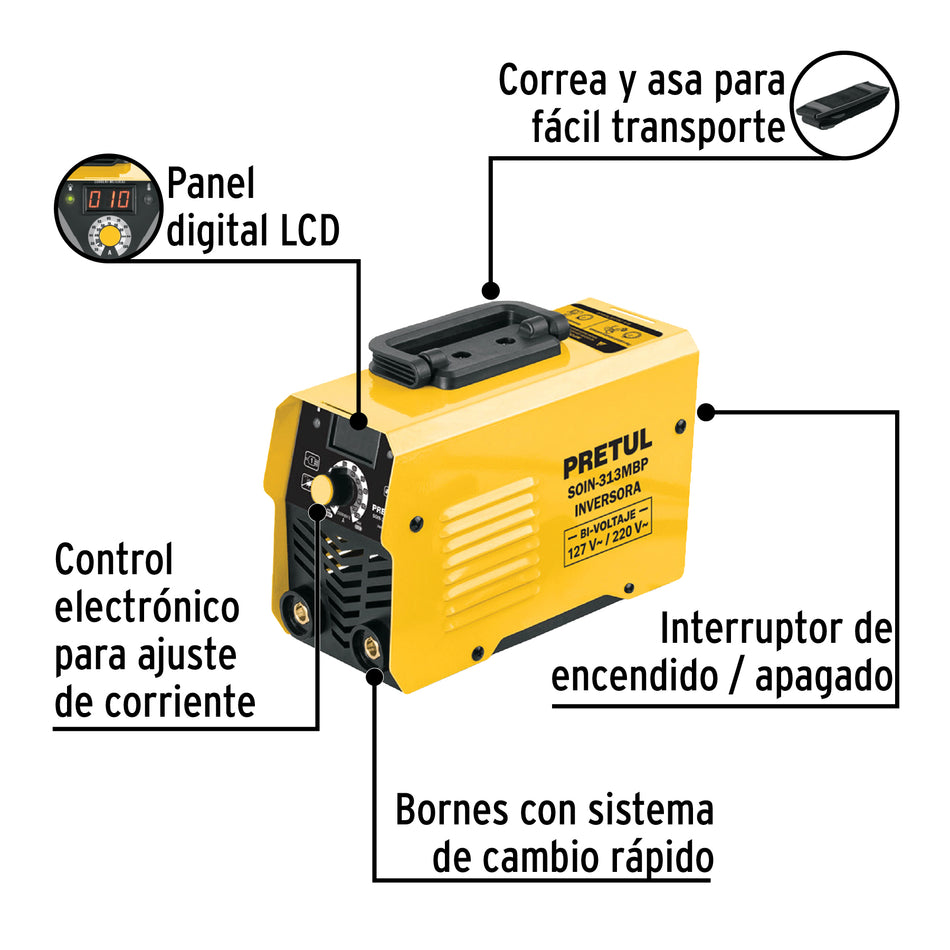 Mini soldadora inversora 130A, Bi-Voltaje, Serie 300, PRETUL, 29019