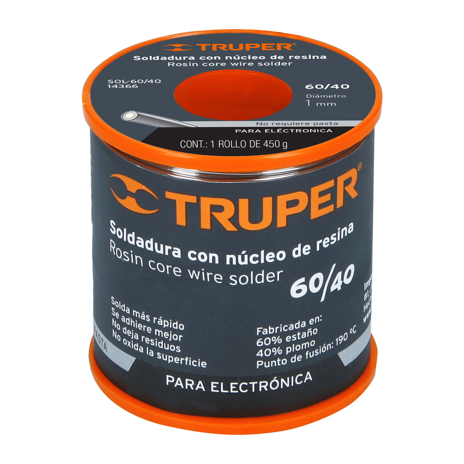 Soldadura con núcleo resina 60/40, para electrónica, 450 g, 14366