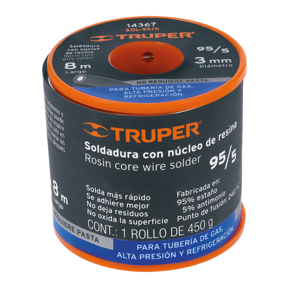 Soldadura con núcleo resina 95/5, tubería de gas, 450 g, 14367