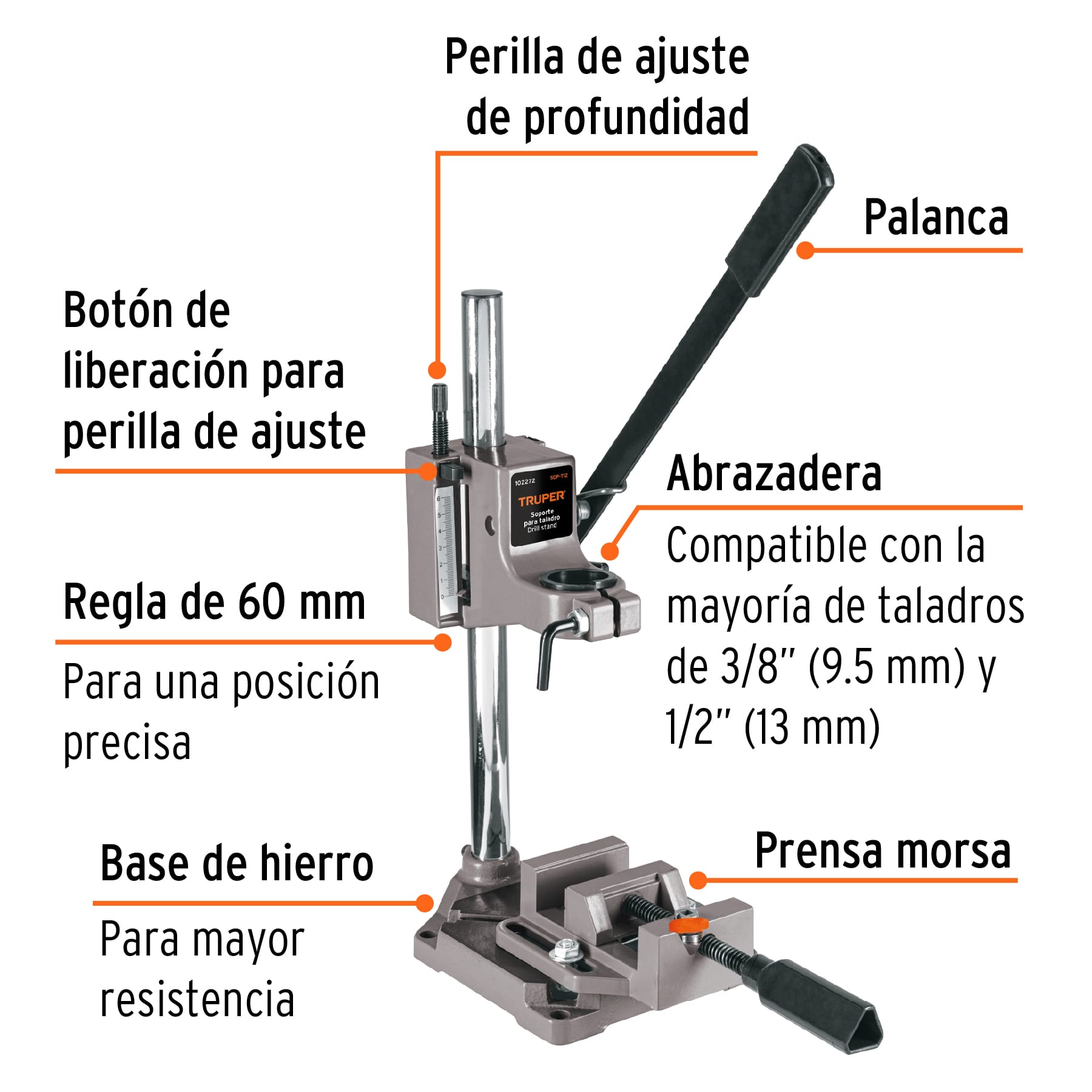 Soporte vertical para taladro 3/8'-1/2', Truper, 102272