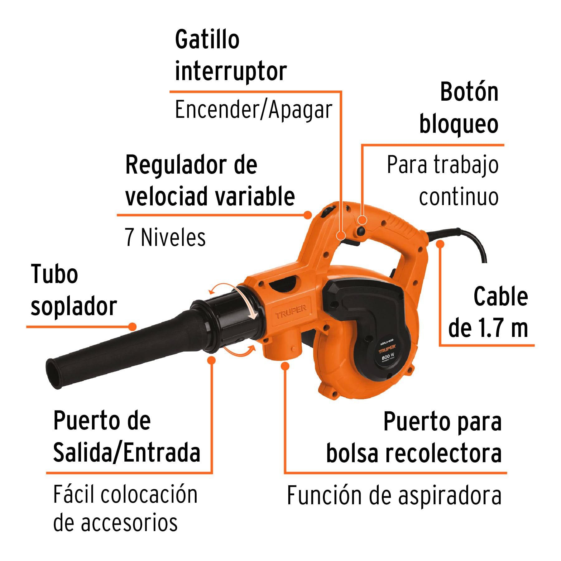 Sopladora/Aspiradora eléctrica 800 W, Truper, 102415