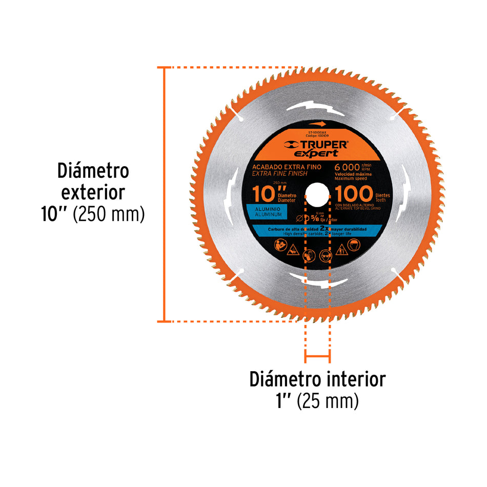 Disco sierra 10' p/aluminio, 100 dientes centro 5/8', Expert, 100109