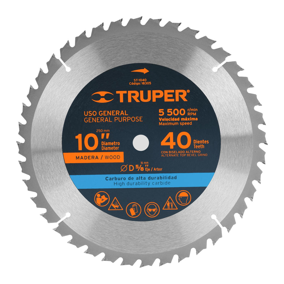 Disco sierra 10' para madera, 40 dientes centro 5/8', Truper Caja con 3, 18305