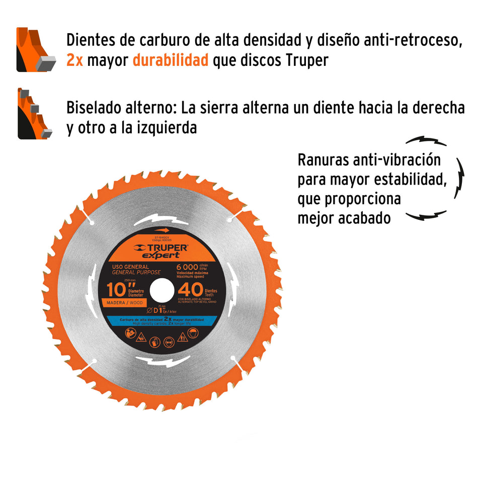 Disco sierra 10' para madera, 40 dientes centro 1', Expert, 100105