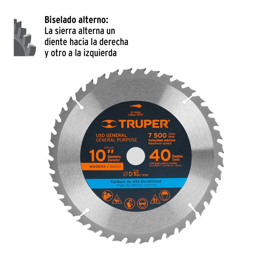 Disco sierra 10' para madera, 40 dientes centro 1', Truper Caja con 3, 18307