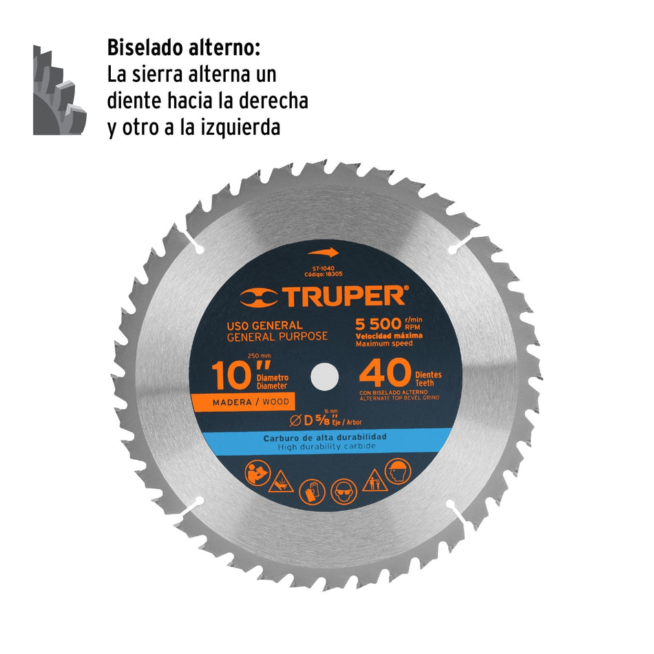 Disco sierra 10' para madera, 40 dientes centro 5/8', Truper Caja con 3, 18305