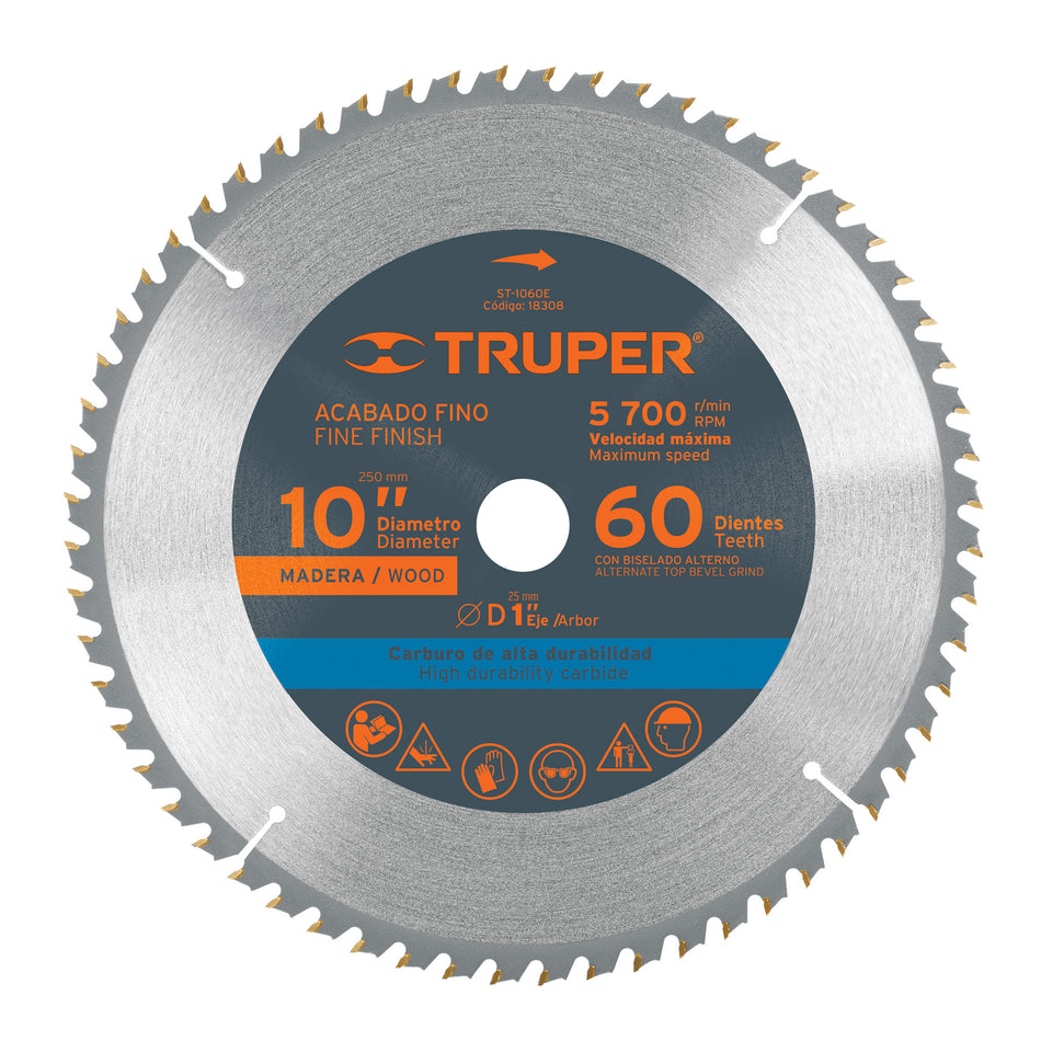 Disco sierra 10' para madera, 60 dientes centro 1', Truper Caja con 3, 18308