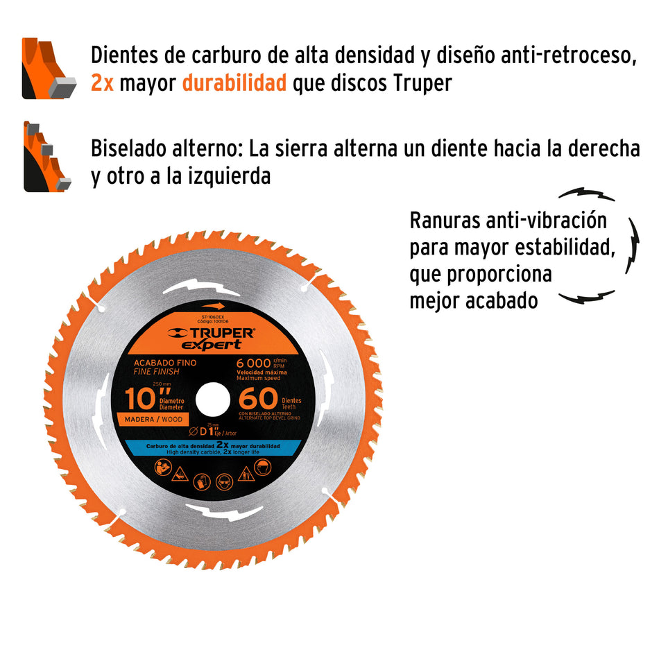 Disco sierra 10' para madera, 60 dientes centro 1', Expert, 100106