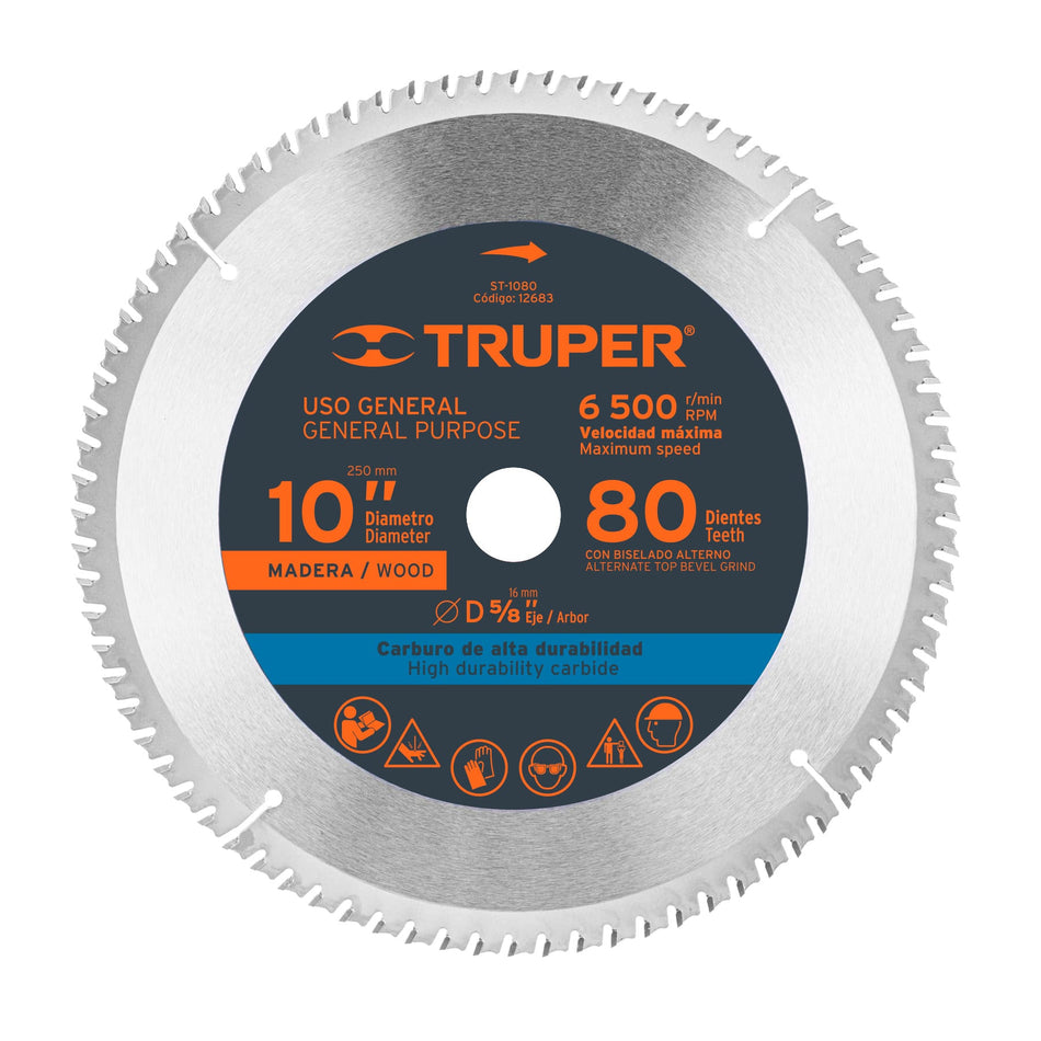 Disco sierra 10' para madera, 80 dientes centro 5/8', Truper Caja con 3, 12683