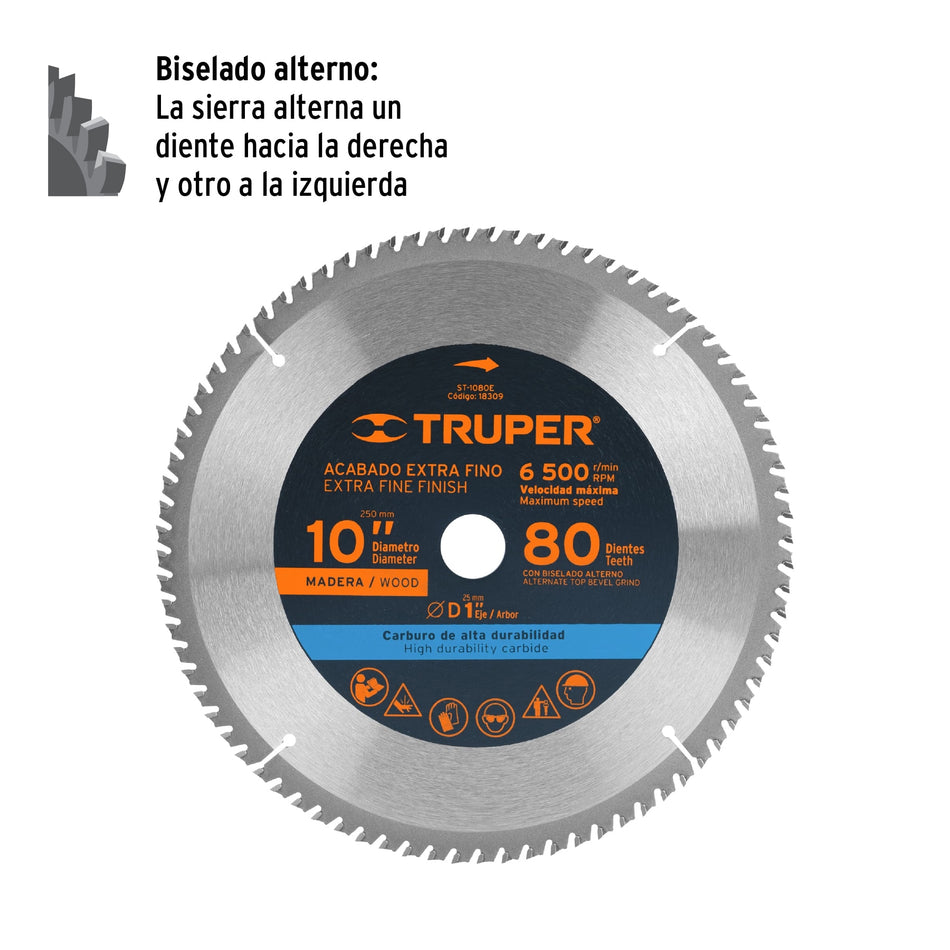 Disco sierra 10' para madera, 80 dientes centro 1', Truper, 18309