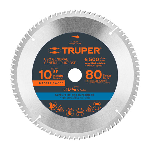 Disco sierra 10' para madera, 80 dientes centro 5/8', Truper Caja con 3, 12683