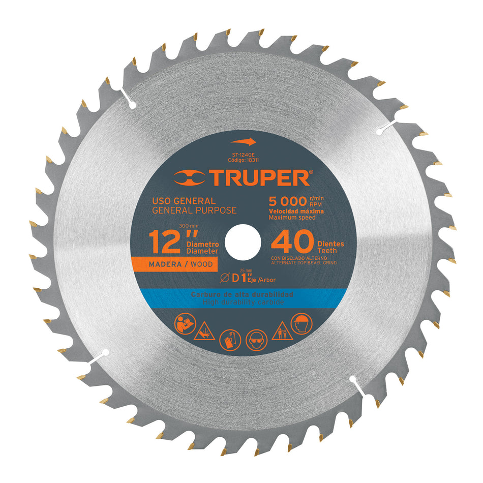 Disco sierra 12' para madera, 40 dientes centro 1', Truper, 18311