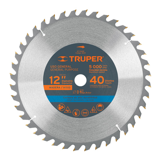 Disco sierra 12' para madera, 40 dientes centro 1', Truper, 18311