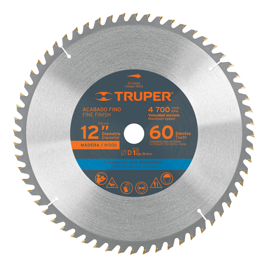 Disco sierra 12' para madera, 60 dientes centro 1', Truper, 18312